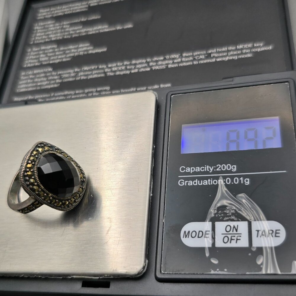 NF Sterling Silver Black Onyx & Marcasite Ring Size 9 Checkerboard Cut 8.92g - Picture 11 of 13